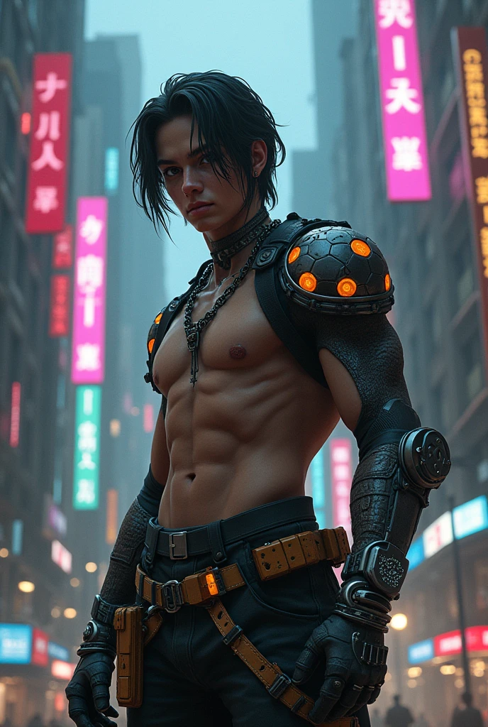 Create a  in a cyberpunk world.
Medium length hair and a stronger body and bone structure.
masculine 