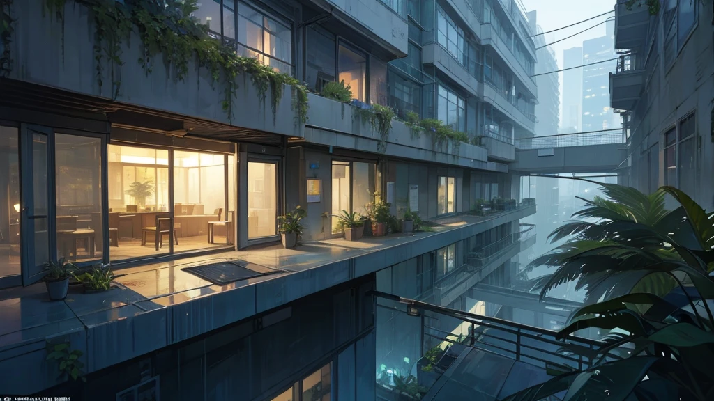 make the terrace of a building at night. This terrace must be futuristic and is abandoned, Furthermore plants are taking over the abandoned space