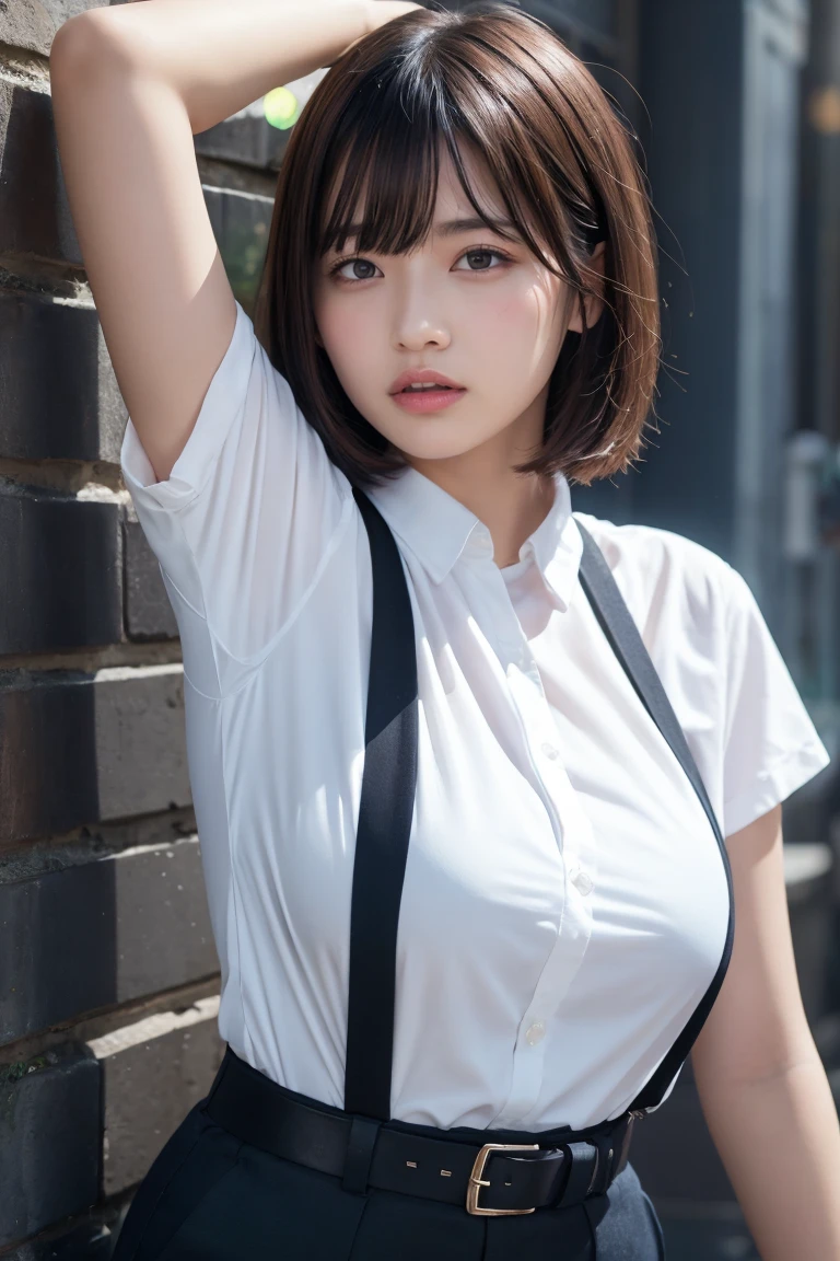 masterpiece、Flat Color、Depth of written boundary、Lens Flare 1 Girl、、Brown Hair、Staring at the audience belt Black suspenders Plump breasts Armpit sweat sweating Sides of both hands wall: Black trousers, sight Small face bangs over eyes Aside Cutter Shirt huge、Age 25