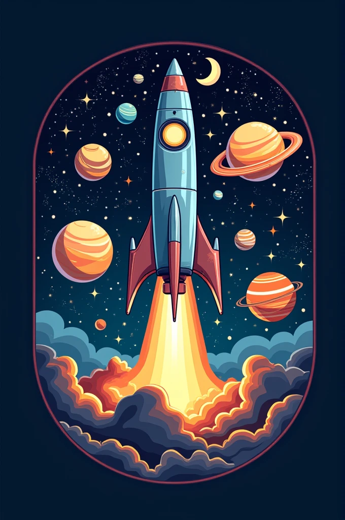 Astronomy club emblem with planets, stars, rocket and a telescope