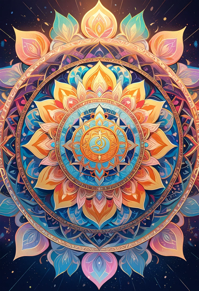 A vivid and intricate mandala at the center of the composition, symbolizing the cosmos and spiritual unity. The mandala features concentric circles, geometric patterns, and sacred symbols such as the lotus, Om, and the Dharma wheel, radiating outwards with a sense of divine balance and harmony. Surrounding the mandala, ethereal colors blend and swirl in a celestial dance, with delicate details and a serene atmosphere. The artwork should be rendered in 8K resolution with high detail, incorporating a mix of vibrant hues and subtle bokeh effects to enhance the mystical and transcendental quality of the mandala.