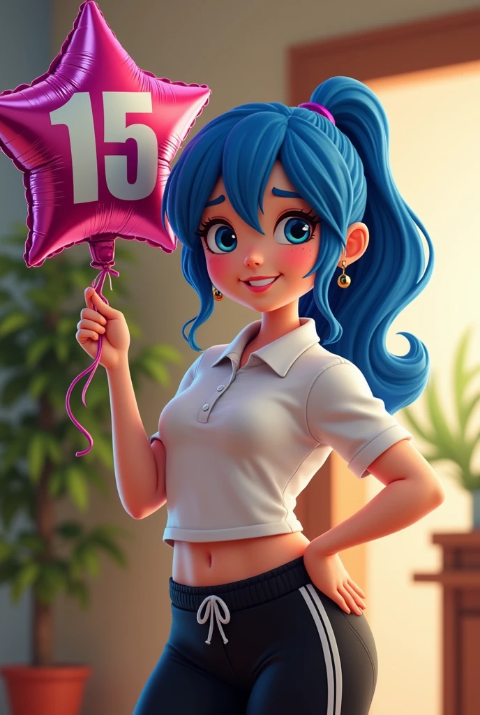 Latina 15 years old strong blue hair robust white clothes with collar black pants and sports shoes at home holding a happy birthday balloon in the shape of a star with the number 15 in the center of the balloon the image of the full balloon realistic photo image 