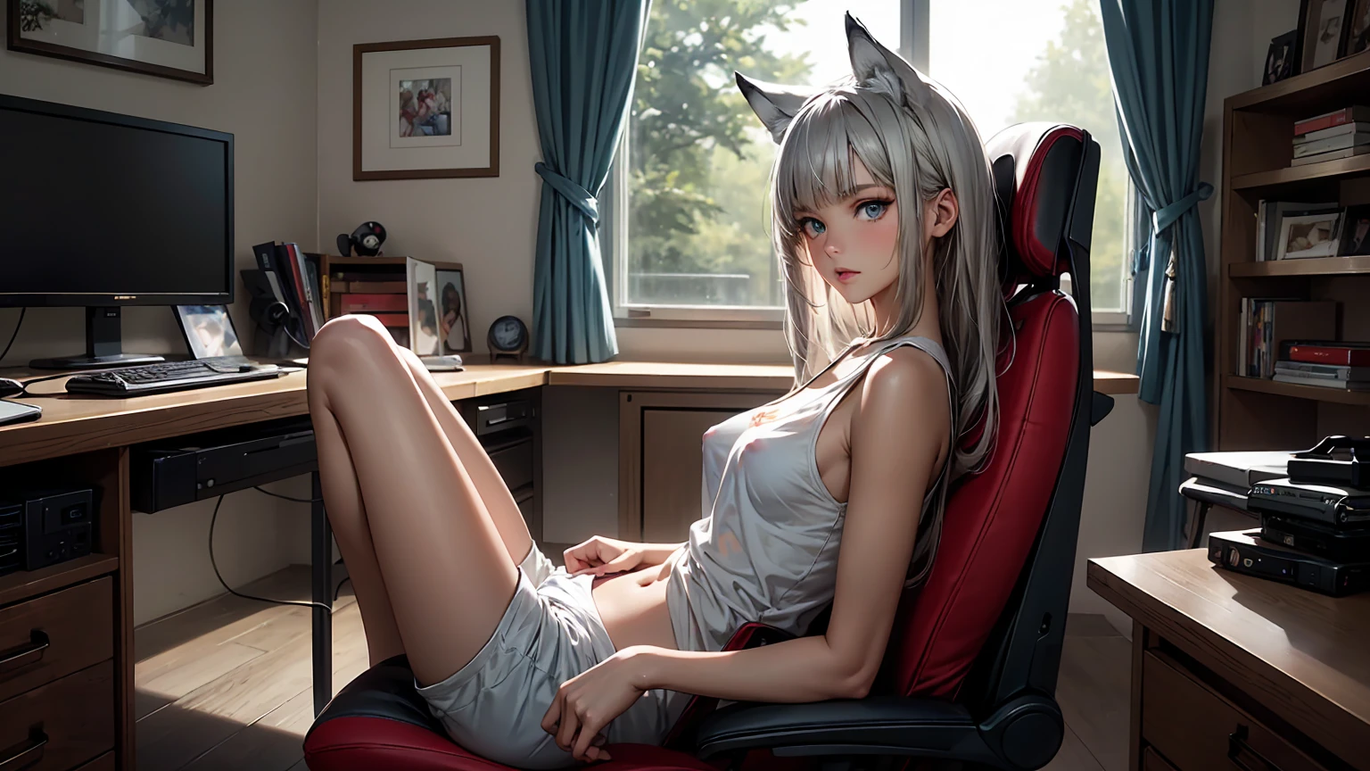 Create a top-quality image of a beautiful 20-year-old wolf girl with tan skin. She has long greyish wolf like hair and beautiful eyes, wearing a see-through top that barely covers her nipples, highlighting her perfect figure. She is also wearing sleep shorts. The girl is sitting in a modern gaming chair in a dimly lit, modern room with the window open and it is night time, allowing a gentle breeze to flow in. She poses in a seductive manner, facing the camera. Her room is filled with modern nerdy items that show her love for video games and anime, including gaming equipment like a high-end gaming PC, sleek gaming desk, ergonomic gaming chair, and the latest gaming console, as well as stylish anime posters and figurines. The image should exhibit high-quality visual artistry, with intricate details, capturing a cozy and alluring atmosphere.