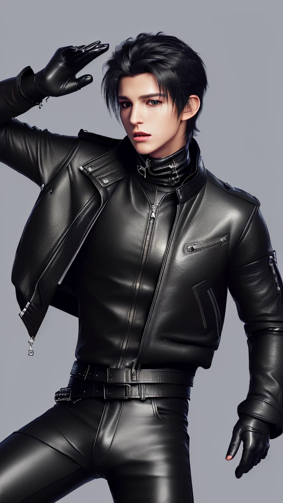 Final fantasy taste and reality graphics, ((Japanese young cute and cool ikemen boy)), his age is early 20s, thin eyebrows and beady eyes, ((he wearing black color leather thick and heavy material jacket)), ((jacket is singlebrest)), ((biker style jacket)), ((jacket is large size)),((with epaulet)), ((jacket is long sleeve)), ((zipped front of the leather jacket)), , ((voluminous leather jacket)), ,((must jacket is high length and stand-up collar)) ((jacket collar with two belts)), ((jacket is a little black color line pattern)), ((also wearing black thick material turtleneck lackluster shirts)), ((tight black leather pants)), ((put black leather tight and thin glove on both hands)), ((black leather knee-high raceup boots)),((must views head-to-toe)),((must views whole body)), ,((Do not show skin from the neck down)),leather jacket leather glove and leather pants have few wrinkles, Avoid showing your innerwear,zip up jacket fastner.must put on a leather glove.
Bous face is expression of ecstasy.
Boy is black hair.boy looks like fashion model.