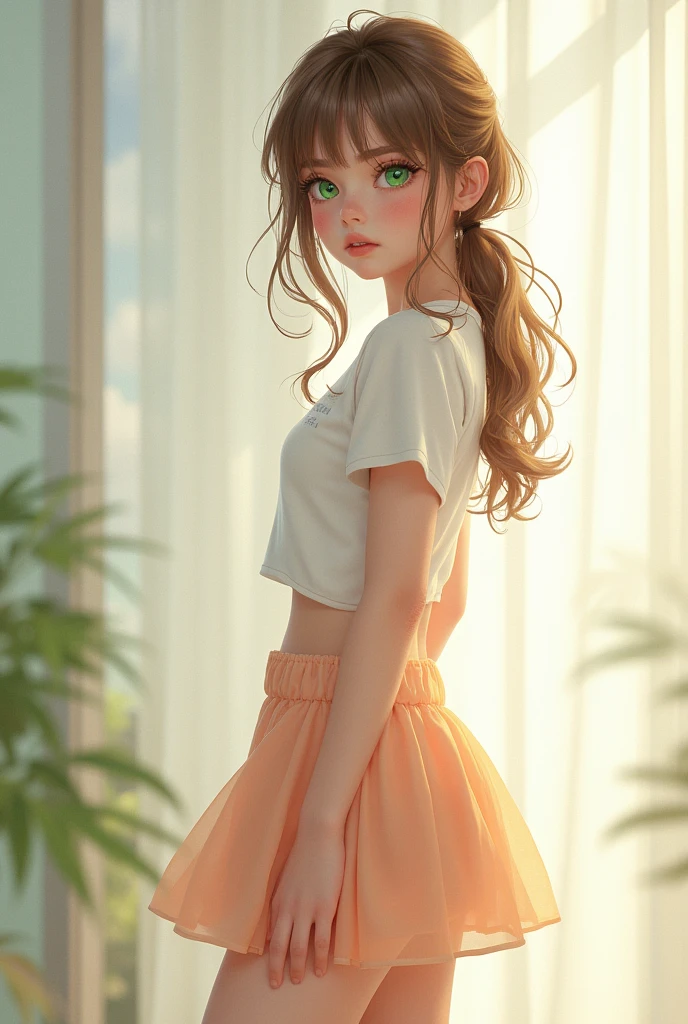 Teenage girl wearing a skirt and a white top and thin legs. Lite brown hair green eyes