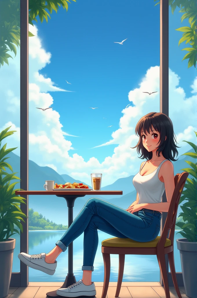 a woman, wearing casual clothes, wearing jeans, wearing white shoes, smiling sitting on a cafe chair, and on the table there is some food. Surrounded by a glass door. with very beautiful views. with a very blue sky, with some birds flying around. visible from the glass door