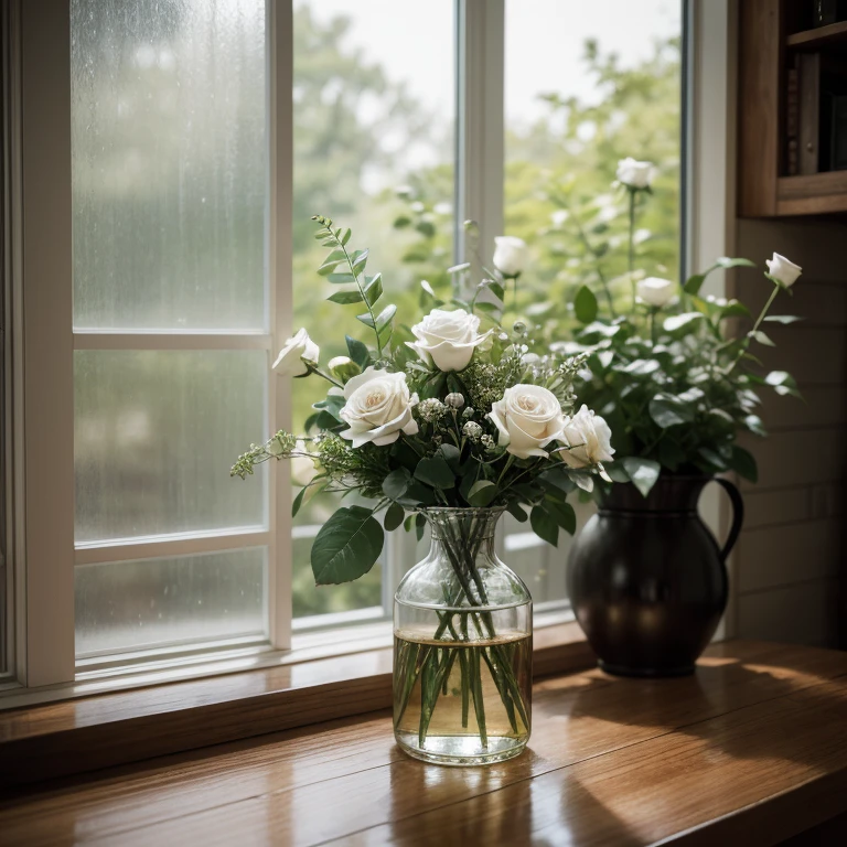 Consider an elegant collection of roses placed in a cozy home garden with the morning light illuminating the petals, the soft morning dew on the petals shining, the aged, textured wooden surface of the garden enclosure, the sunlight creating a golden glow, the environment exuding warmth and tranquility, an atmosphere filled with serenity and comfort, dreamShaper v7 style, made with a Nikon D850, 85mm lens, f/1.8 aperture, ISO 200, natural light, negative scenario: harsh, monochromatic lighting, simple glass vase, dusty counter, blurred image, low resolution