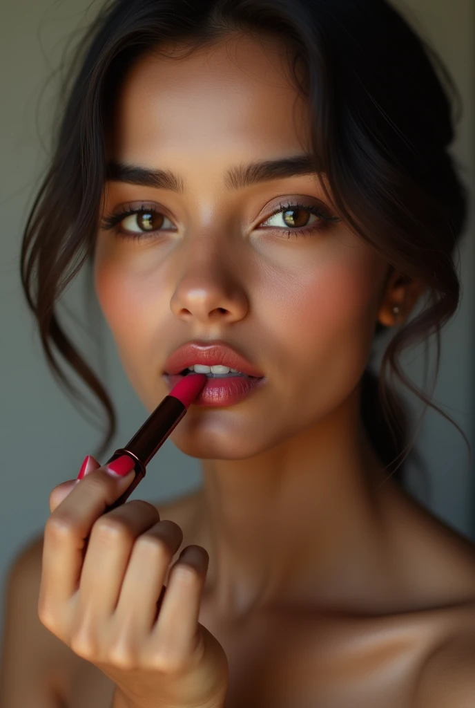 Lips of beautiful indian young girl with money rolled lipstick touching to her lips