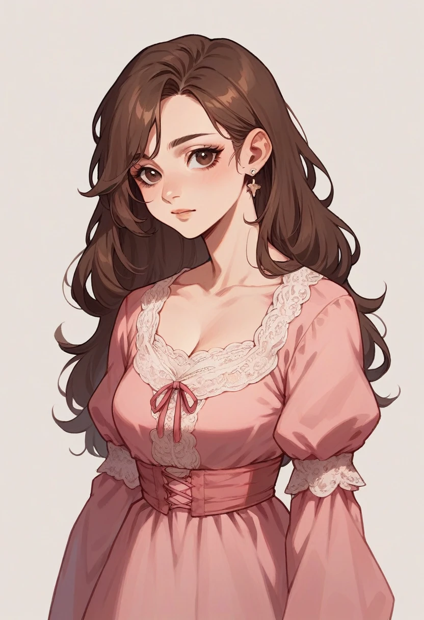 thin and brunette, with big brown eyes, long brown hair, Dressed in a pink dress