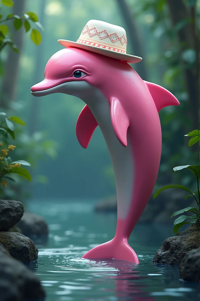 Create the legend of the pink dolphin in the shape of a standing dolphin with a white hat