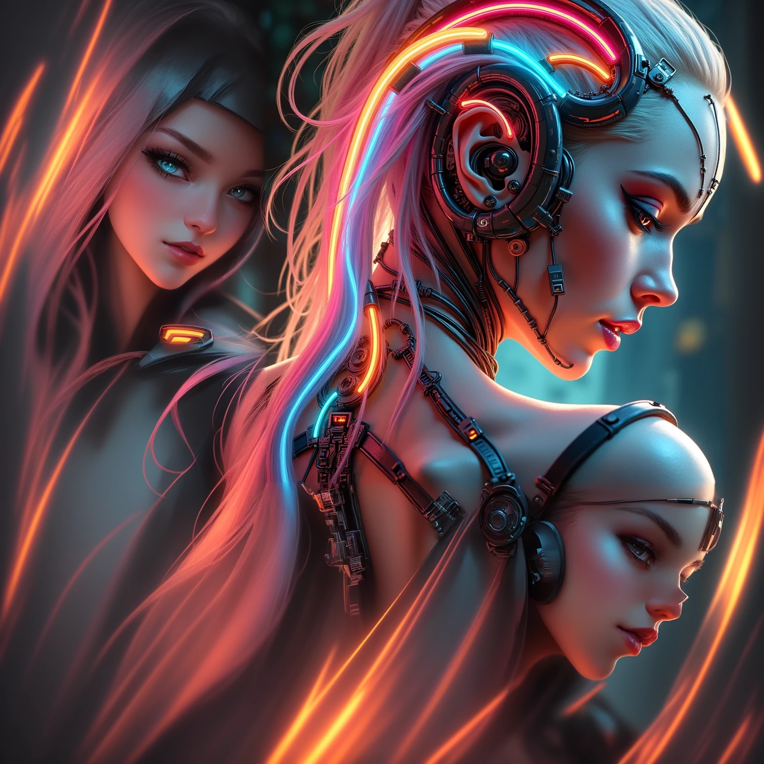 a closeup of a woman with a futuristic helmet and neon hair, beautiful cyberpunk girl face, dreamy cyberpunk girl, cyberpunk beautiful girl, cyberpunk art style, the cyberpunk girl portrait, Bright cyberpunk glow, beautiful Cyberpunk woman model, Cyberpunk woman, portrait of a cyberpunk cyborg, portrait of a cyberpunk machine, cyberpunk digital art, cyberpunk art style, cyberpunk girl, continue with the body
