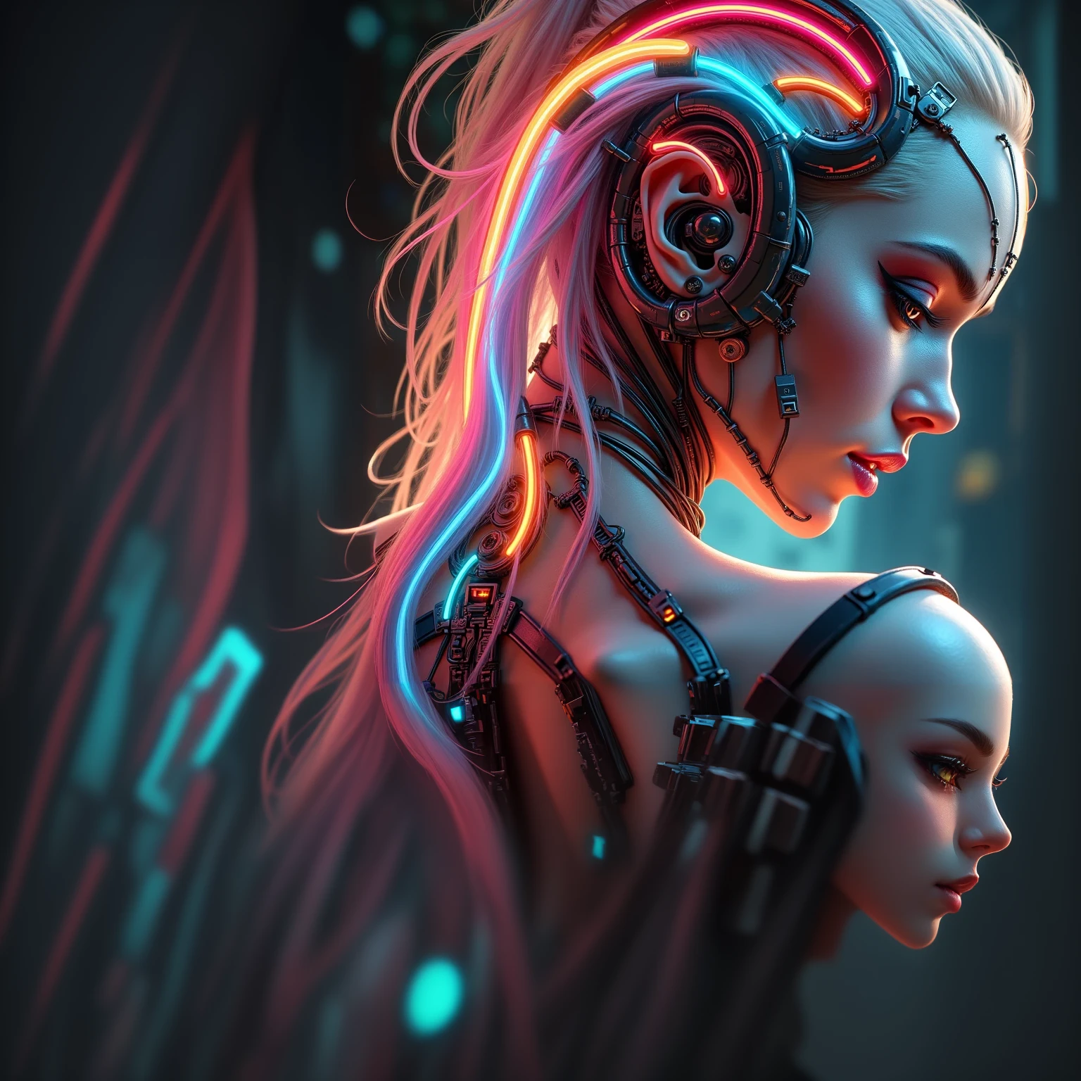 a closeup of a woman with a futuristic helmet and neon hair, beautiful cyberpunk girl face, dreamy cyberpunk girl, cyberpunk beautiful girl, cyberpunk art style, the cyberpunk girl portrait, Bright cyberpunk glow, beautiful Cyberpunk woman model, Cyberpunk woman, portrait of a cyberpunk cyborg, portrait of a cyberpunk machine, cyberpunk digital art, cyberpunk art style, cyberpunk girl, continue with the body