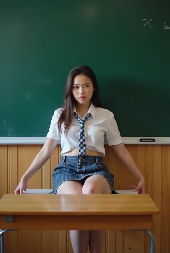 girl spreads her legs in front of the blackboard. She itches to class and is completely naked