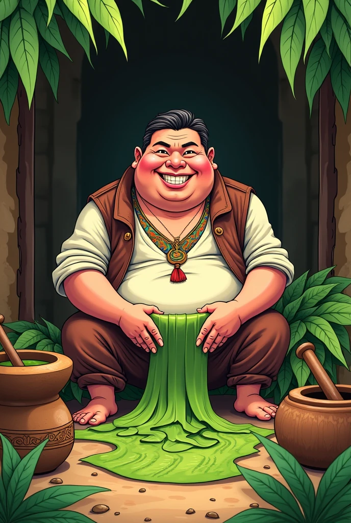 Fat man rolling coca leaf cartoon 