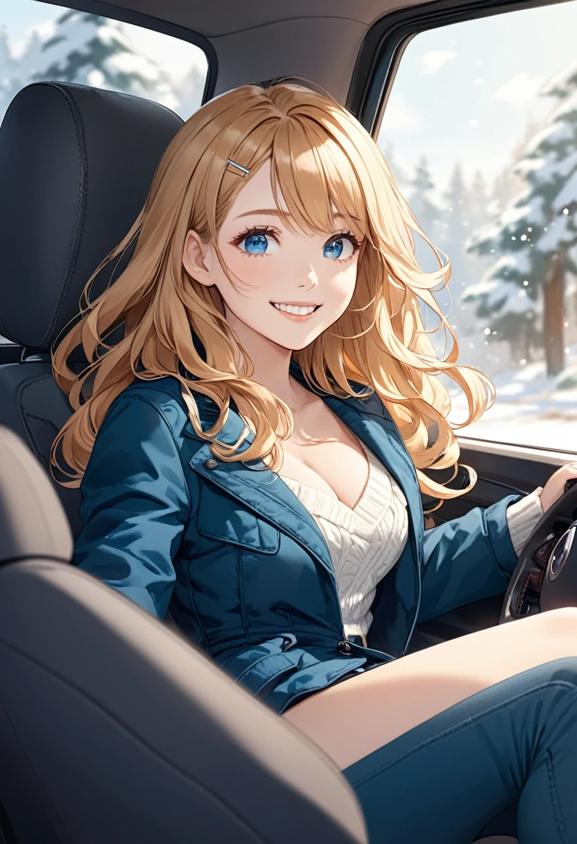 detailed illustration, dynamic angle, ultra-detailed, illustration, 1girl, long wavy blonde hair, long hair, bright blue eyes, hair clip, cleavage, medium breasts, winter, in a car, smiling, sitting in the car, passenger's seat, feet up, happy