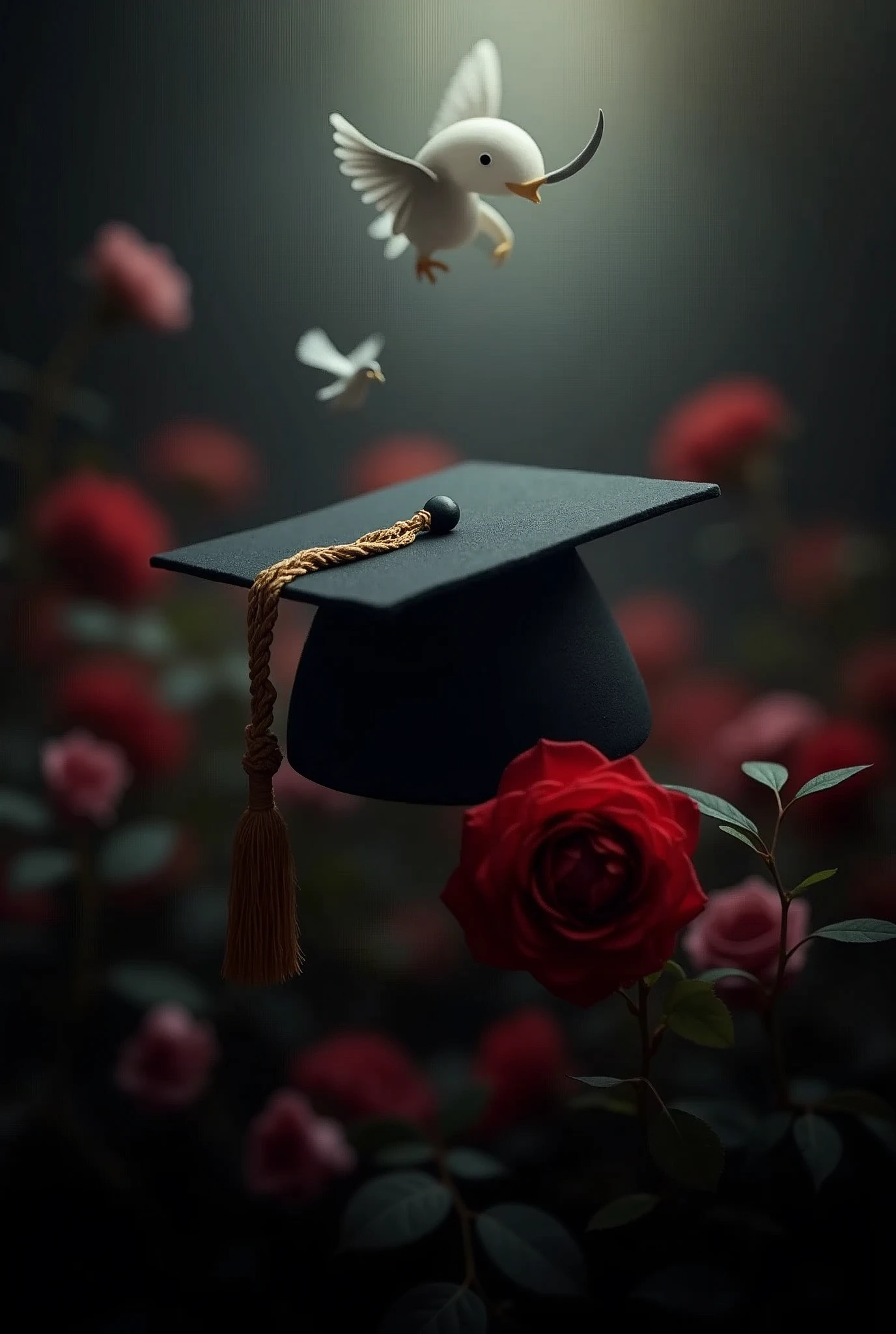 Black blurred background with a light from the sky, a peace dove, a graduation cap, and a rose in the background, with a Viking style