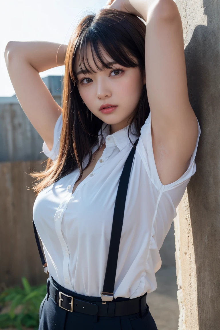 masterpiece、Flat Color、Depth of written boundary、Lens Flare 1 Girl、、Brown Hair、Staring at the audience belt Black suspenders Plump breasts Armpit sweat sweating Sides of both hands wall: Black trousers, sight Small face bangs over eyes Aside Cutter Shirt huge