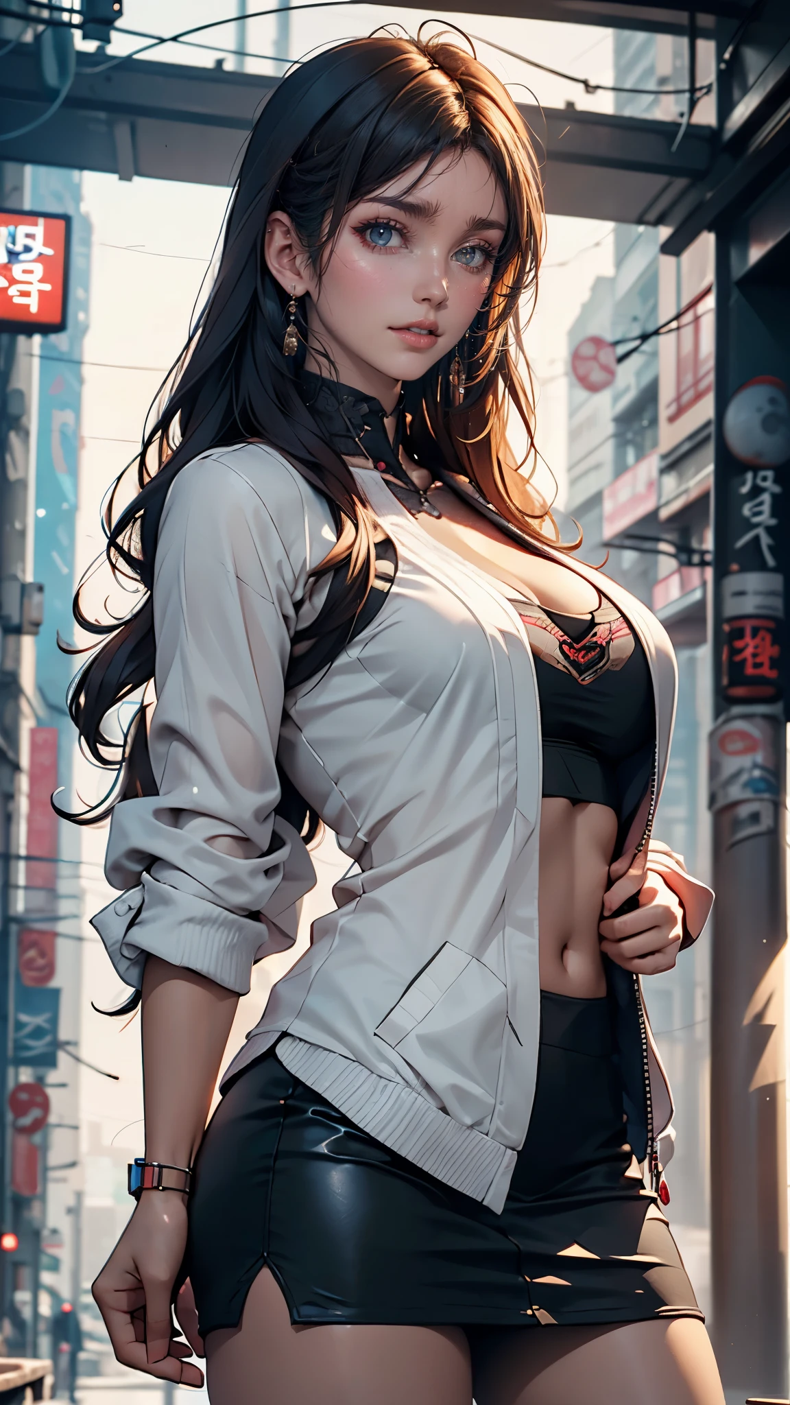 A woman in a short skirt and jacket posing for a photo., cyberpunk art by Raymond Han, Trends in CG society, Digital art, Chinese woman, korean girl, beautiful asian woman, asian woman, young asian girl, attractive girl, beautiful asian woman, korean woman, Chinese woman, beautiful south korean woman, gorgeous young korean woman, beautiful young korean woman, asian woman