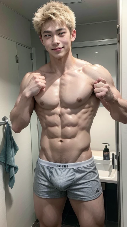 Japanese men、、Well-developed muscles and smooth skin、Spiky light blonde hair、Relaxed and friendly smile、Tight boxer briefs、The whole body is visible from toes to head、Fist pump in the bathroom、burst