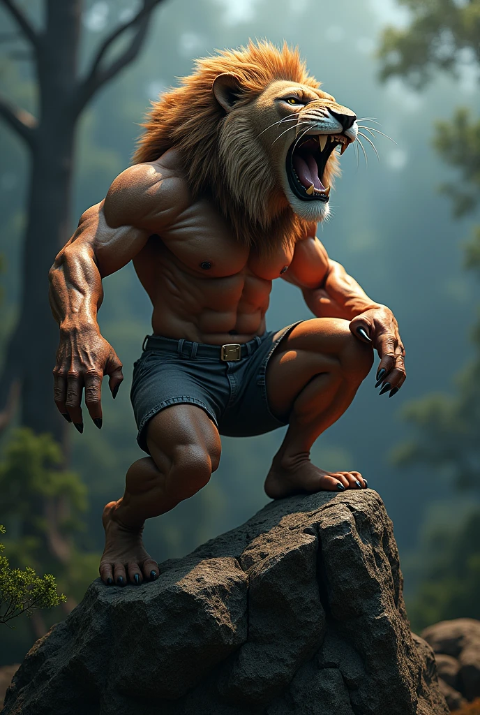 A captivating and unique 3D render illustration of a fearless hybrid creature. This man has the muscular body, complete with a chiseled six-pack, the  and the head of an angry roaring lion, with lion-like hands. Sitting confidently on an Mountain Rock . The background is a Dark Australian forest, with sense of danger. The overall ambiance of the image is bold and eye-catching, perfect for a profile picture or a striking poster. Try to delete the errors of this picture and make it look as fine as possible, but also keep the same gbasic idea., 3d render, illustration, poster and it should be in detail And image frame Ratio should be 16:9 