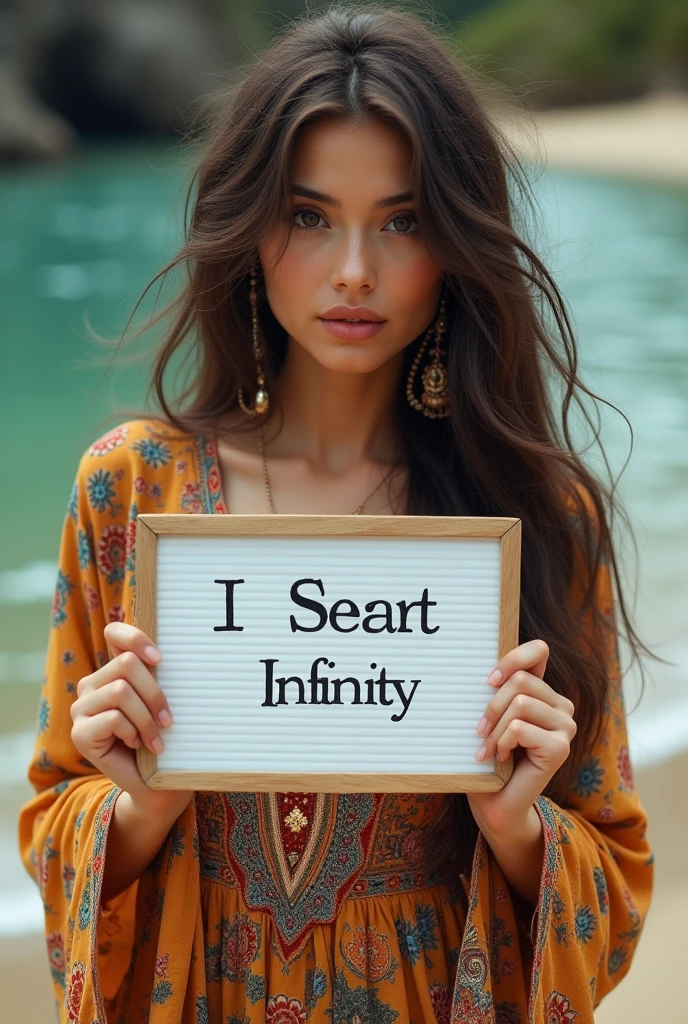 Beautiful girl with wavy long hair, bohemian dress, holding a white board with text "I Love Seaart Infinity" and showing it to the viewer