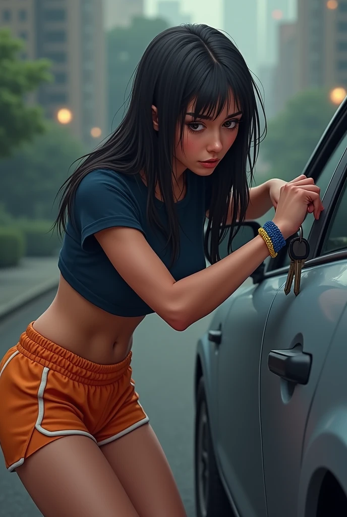 An image of a 27-year-old brunette girl with long straight dark hair and brown eyes and is slim. She is sweaty from the face. She's desperate, nervous. Bring orange basketball shorts and a navy blue exercise t-shirt.. He is with a car key in his hand trying to open the door of his gray car but it does not open the door. On her right wrist she has a blue string bracelet., yellow and red.
The girl is not attractive and she is Latina