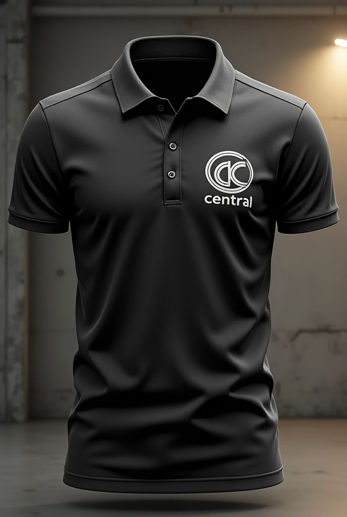 Diseña un polo de estilo urbano americano con el logo de central. The polo must be slim fit or regular fit, in neutral colors like black, white, or gray. El logo de central debe estar ubicado en el pecho, with the word "central" in modern typography. Use high-quality materials and consider minimalist details. Features the polo in an urban background, such as concrete or bricks, with lighting that highlights the design.