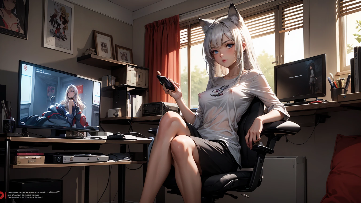 Create a top-quality image of a beautiful 20-year-old wolf girl with tan skin. She has long greyish wolf like hair and beautiful eyes, wearing a see-through top that barely covers her nipples, highlighting her perfect figure. She is also wearing sleep shorts. The girl is sitting in a modern gaming chair in a dimly lit, modern room with the window open and it is night time, allowing a gentle breeze to flow in. She poses in a seductive manner, facing the camera. Her room is filled with modern nerdy items that show her love for video games and anime, including gaming equipment like a high-end gaming PC, sleek gaming desk, ergonomic gaming chair, and the latest gaming console, as well as stylish anime posters and figurines. The image should exhibit high-quality visual artistry, with intricate details, capturing a cozy and alluring atmosphere.