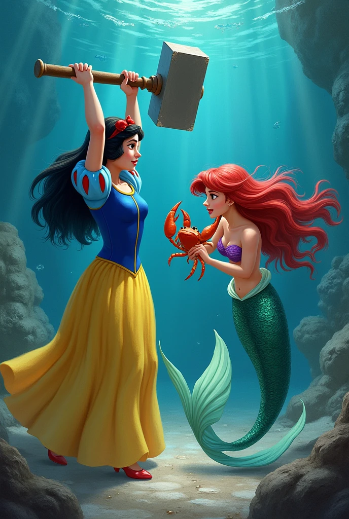 Snow White hitting the little mermaid with a hammer and a crab pinching the little mermaid 

