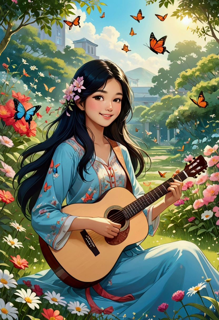 Beautiful young woman in Sarah Kay style with long straight black hair, delicate Asian features, dressed casually, is playing an acoustic guitar, she is in a flowery garden, sitting on the grass, surrounded by birds, butterflies and flowers, smiling and enjoying that moment illustration, realistic, anime, photography, poster, fashion, portrait photography
