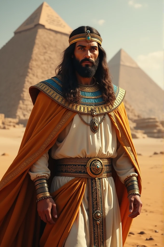 Jesus dressed as a king of Egypt near the pyramids