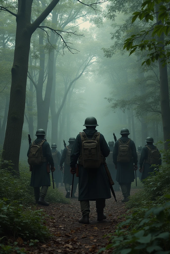 Create 100 armed soldiers in a forest hunting