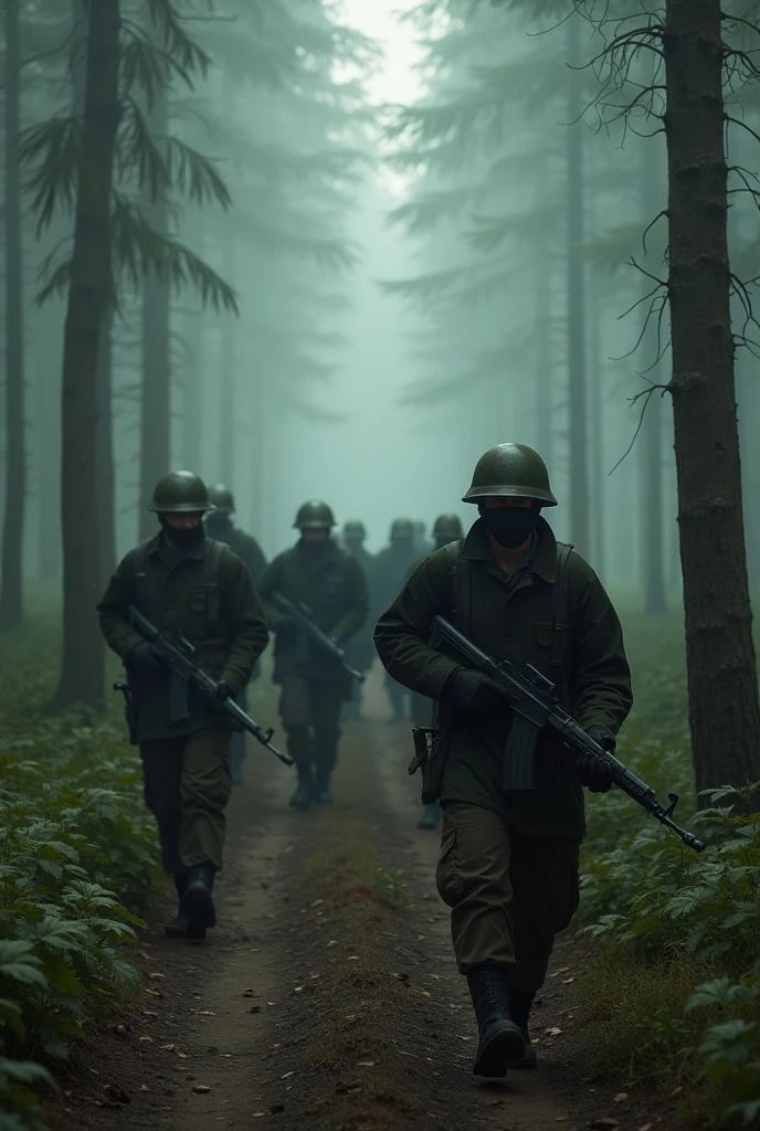 Create 100 armed soldiers in a forest hunting