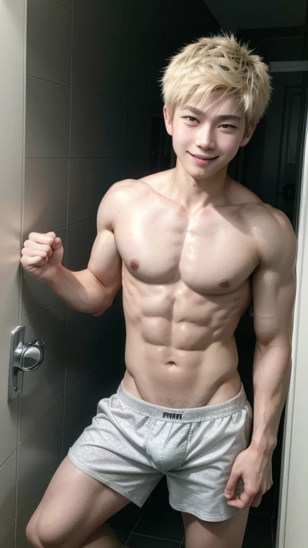Japanese men、、Well-developed muscles and smooth skin、Spiky light blonde hair、Relaxed and friendly smile、Boxer briefs、The whole body is visible from toes to head、Fist pump in the bathroom、burst