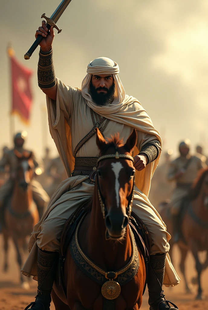 Generate a image of A powerful and majestic thumbnail of Hazrat Khalid Bin Waleed, the legendary Islamic warrior, riding a horse amidst a chaotic battlefield. He's holding his sword high, with a fierce determination in his eyes. The background is a blurred mix of horses, soldiers, and smoke, conveying the intensity of the war. The foreground is sharp, highlighting Hazrat Khalid Bin Waleed's courageous stance