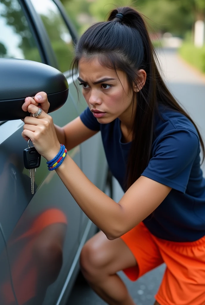 An image of a 27-year-old brunette girl with long straight dark hair and brown eyes and is slim. She is sweaty from the face. She&#39;s desperate, nervous.  Bring orange basketball shorts and a navy blue exercise t-shirt.. He is with a car key in his hand trying to open the door of his gray car but it does not open the door. On her right wrist she has a blue string bracelet., yellow and red. 
The girl is not attractive and she is Latina, her hair is tied up and you can&#39;t see her face.