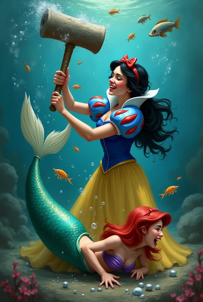Snow White hitting the little mermaid with a hammer and a crab pinching the little mermaid's buttock