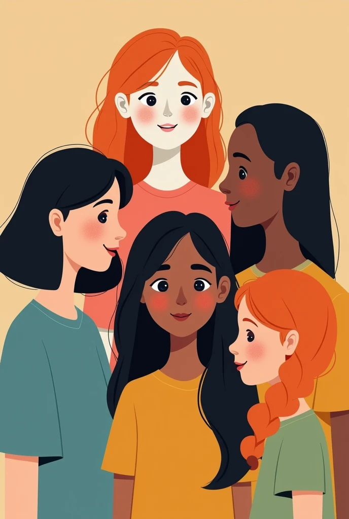 Create an image for a podcast on the topic of accurate and effective communication, made up of 5 people with Disney style. Below I will give you the indications of the characteristics of each person.. the first girl has orange hair with white skin color, the second girl has black chinese hair with white skin, The third girl has short black hair with dark skin., the fourth girl has long hair with black hair with brown skin and the fifth is a man has short black Chinese hair with brown skin