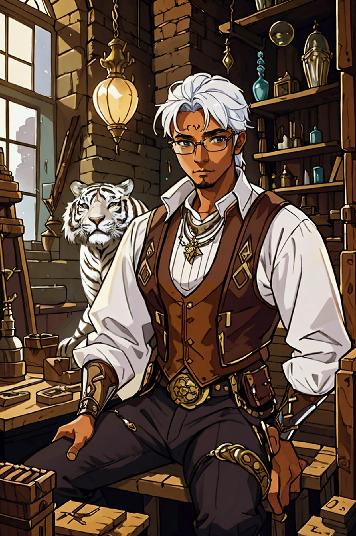 A portrait of the fantasy writer Arylnn East, a brown-skinned man with big twists and rimless rectangular glasses, sitting alongside his large, white tiger-like companion in a steampunk-inspired indoor atelier setting, surrounded by various artisan tools and mechanisms.