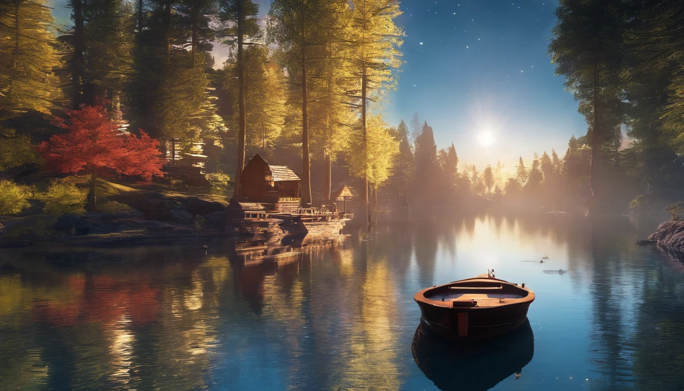 Morning. Nature. Sunny. Lake. Trees. Village .Forest. Professional photo, 4k, hyperrealism, f/16, 1/100s, high definition, depth of field, hyper detail. Beautiful. In the distance there is a wooden mill,
