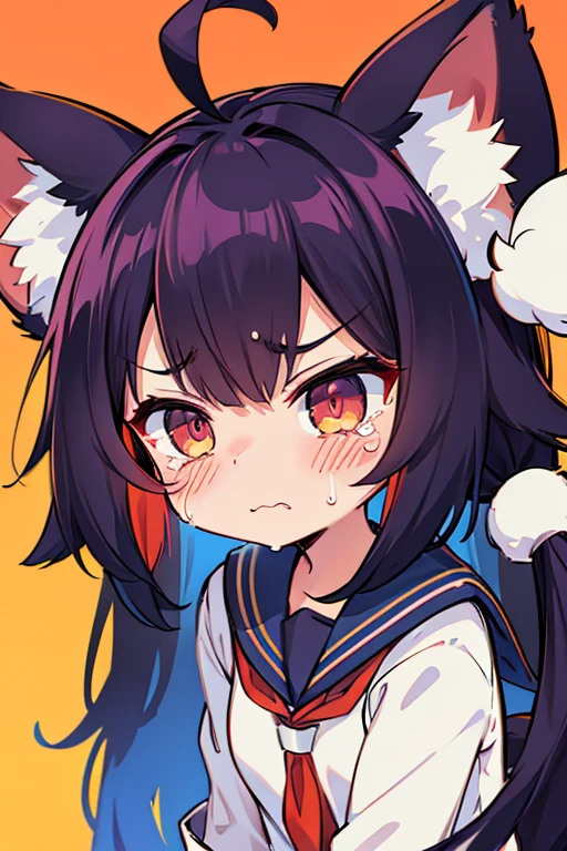 Animal ears,Ahoge, Colorful Hair, Animal ears , Small breasts,tears, Frowning, Are crying, Cry with your eyes open, Red face, Colorful eyes, Angry, Contempt/angry gaze, Odd Eye, Puff out your cheeks, Sailor cap, Sailor suit,On the boat,One girl, Long Hair, solo, Bushy tail