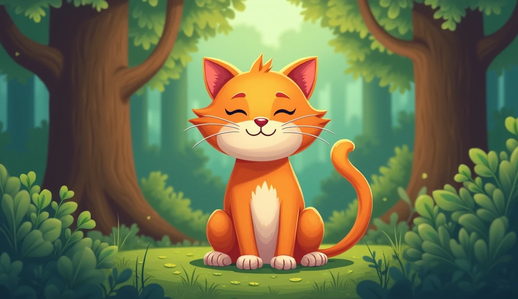 CAT WITH CLOSED EYES IN THE FOREST CARTOON