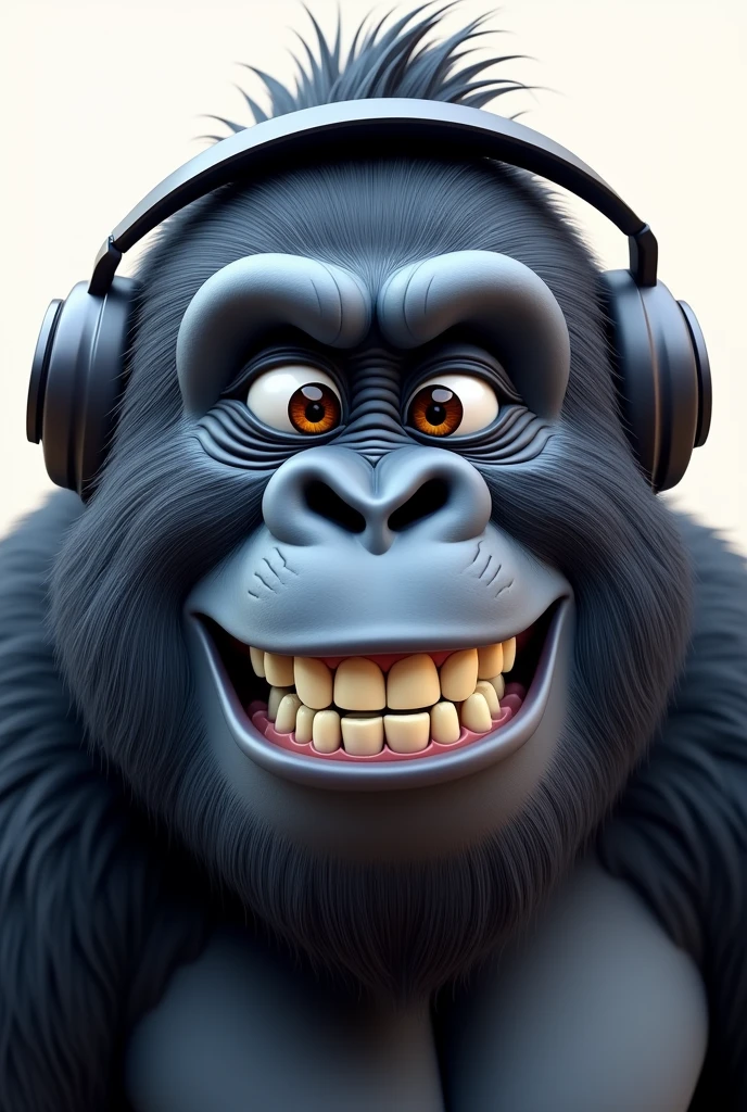 Image of a gorilla's head smiling and using earphones