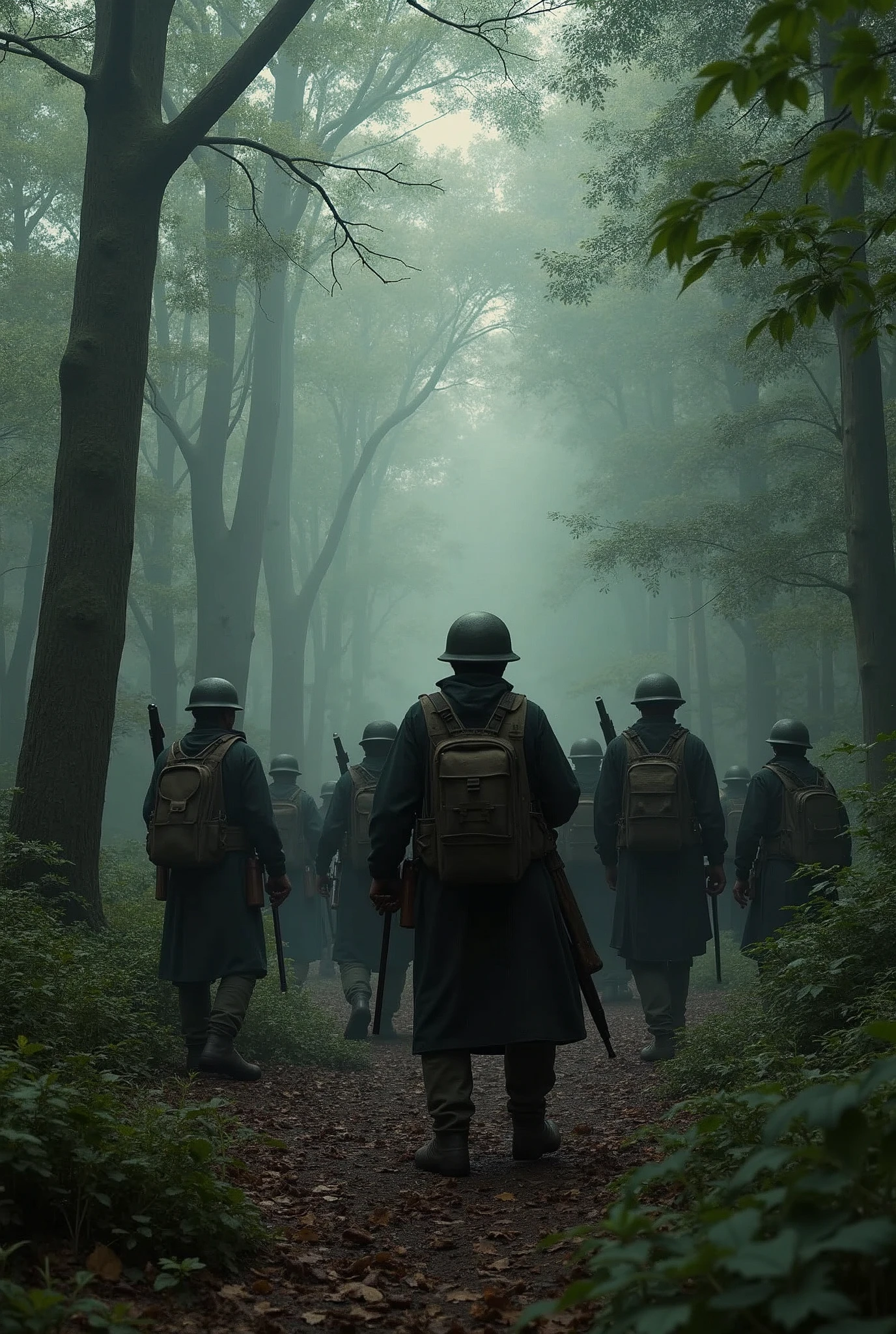 Create 100 armed soldiers in a forest hunting