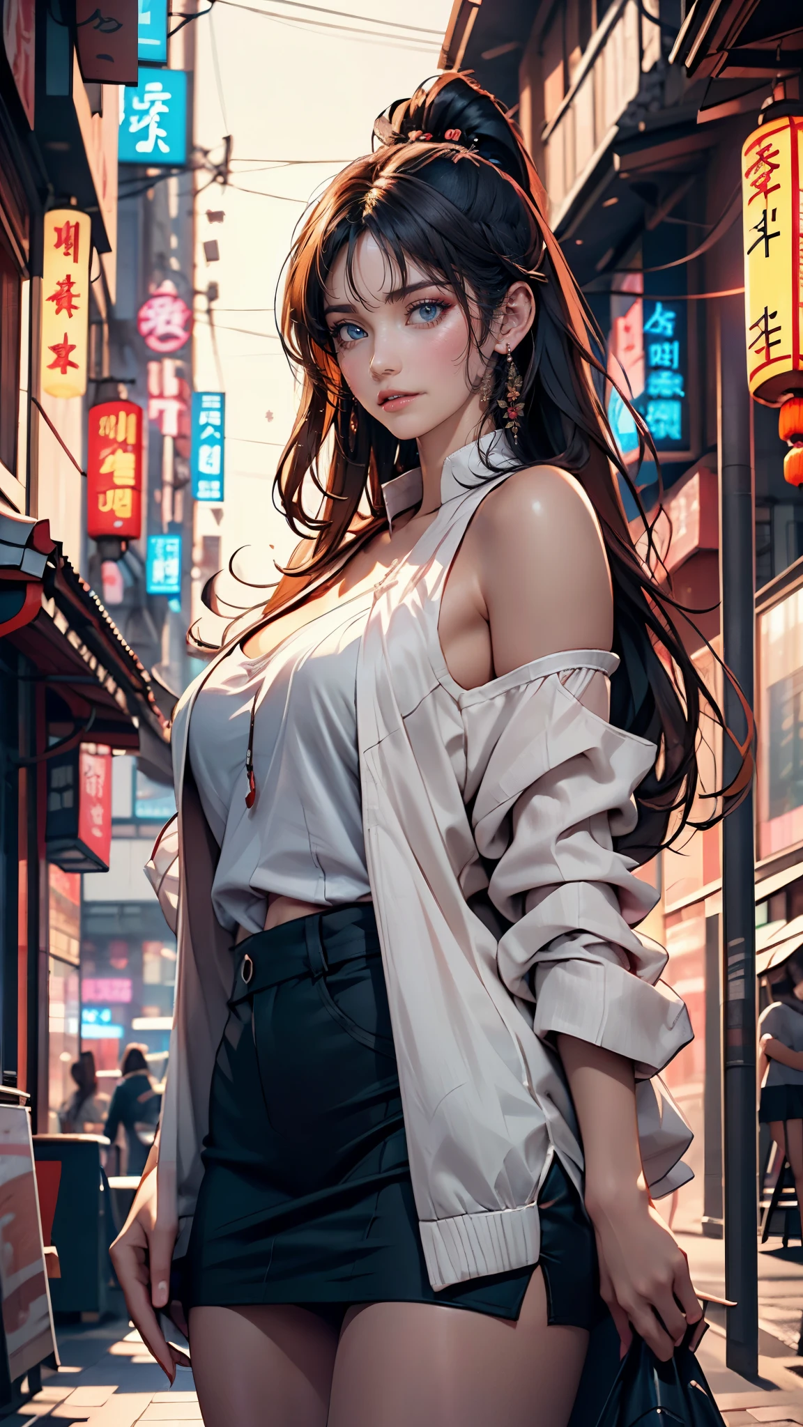 A woman in a short skirt and jacket posing for a photo., cyberpunk art by Raymond Han, Trends in CG society, Digital art, Chinese woman, korean girl, beautiful asian woman, asian woman, young asian girl, attractive girl, beautiful asian woman, korean woman, Chinese woman, beautiful south korean woman, gorgeous young korean woman, beautiful young korean woman, asian woman