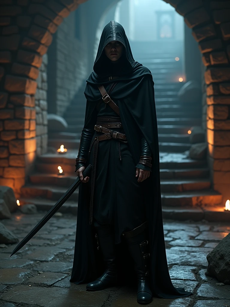 (masterpiece:1.2), (best quality:1.2), 8k, HDR, ultra detailed, ((photorealistic)), professional light, cinematic lighting, fashion photography, ambient lighting, background, a dark medieval dungeon, Darkness, epiCPhoto, fire, stairs, A half elf wearing capuz ????? sshowing face, holding small elven sworda in each hands.