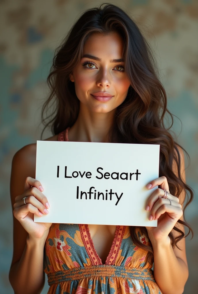 Beautiful girl with wavy long hair, bohemian dress, holding a white board with text "I Love Seaart Infinity" and showing it to the viewer