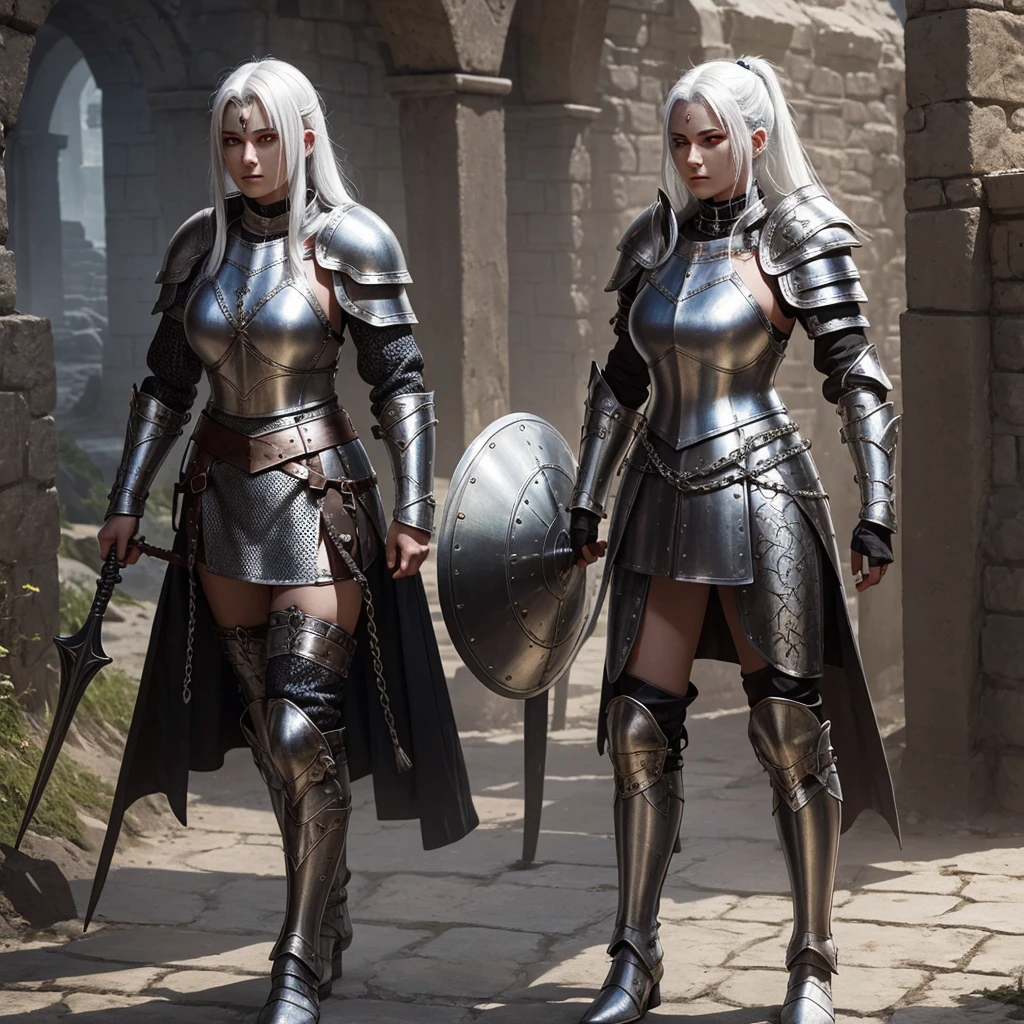 Woman in armor with white hair, espafa shield. Leather armor with chain mail. medieval rpg, it would be with embers on the floor and dust on your face red eyes