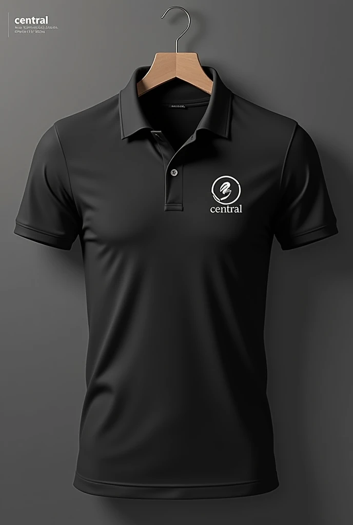 Diseña un polo de estilo urbano con el logo de central. The polo must be slim fit or regular fit, in neutral colors like black, white, or gray. El logo de central debe estar en el pecho, with the word "central" in modern typography. Keep the design minimal and present the polo on a background that reflects urban style