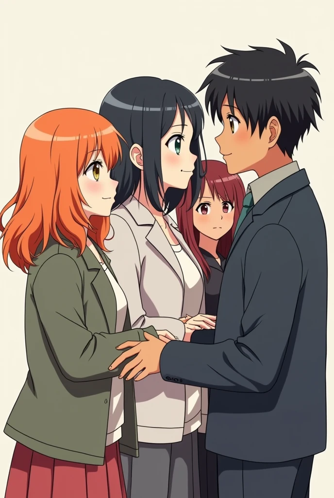 Create an image for a podcast on the topic of accurate and effective communication, made up of 5 people with anime style. Below I will give you indications of the characteristics of each person.. the first girl has orange hair with white skin color, the second girl has black chinese hair with white skin, The third girl has short black hair with dark skin., the fourth girl has long hair with black hair with brown skin and the fifth is a man has short black Chinese hair with brown skin